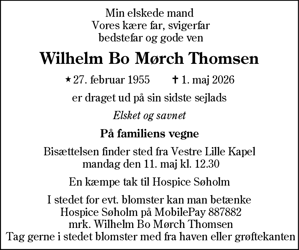 Dødsannonce for Wilhelm Bo Mørch Thomsen
