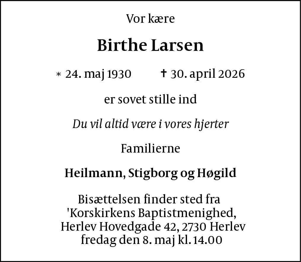 Dødsannonce for Birthe Larsen