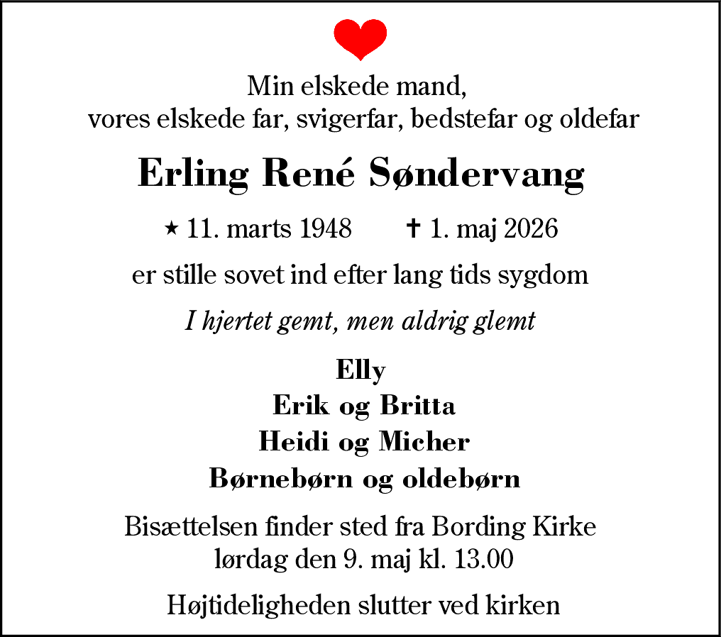 Dødsannonce for Erling Rene Søndervang
