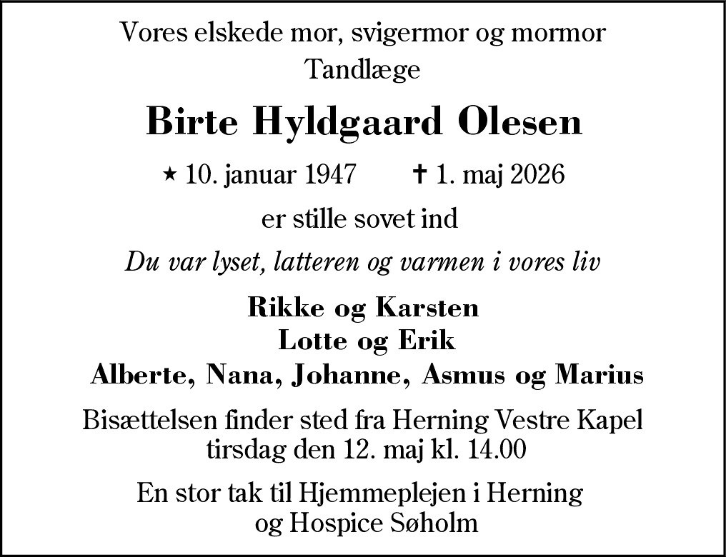 Dødsannonce for Birte Olesen