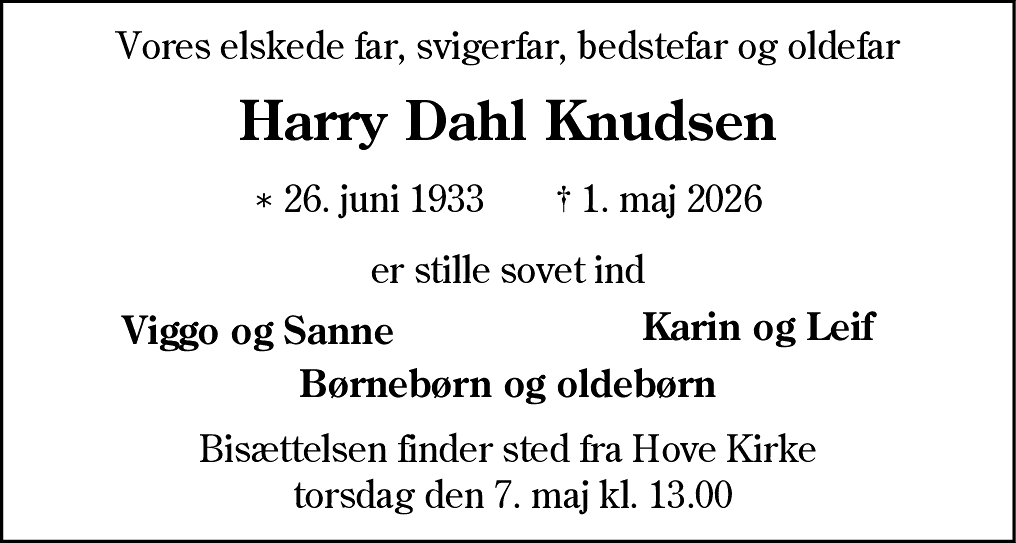 Dødsannonce for Harry Dahl Knudsen
