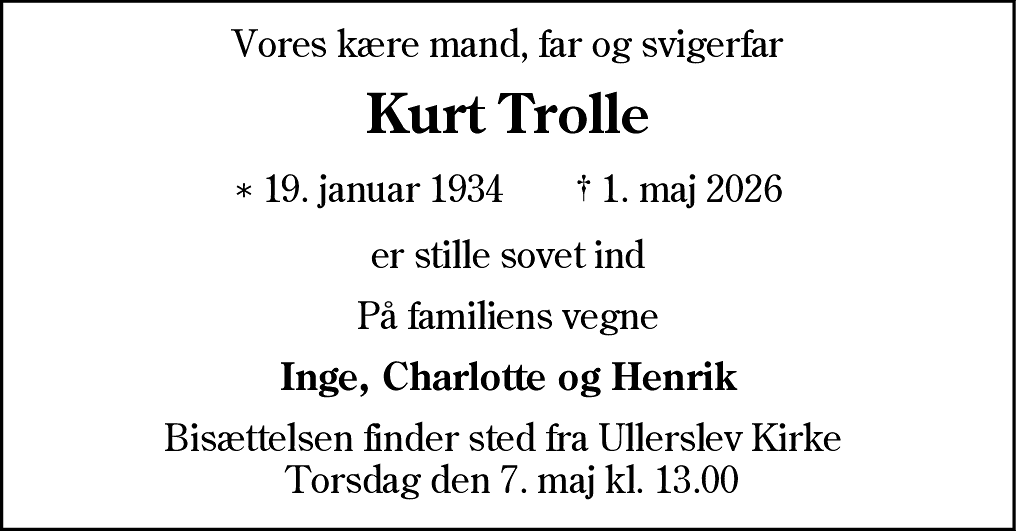 Dødsannonce for Kurt Trolle