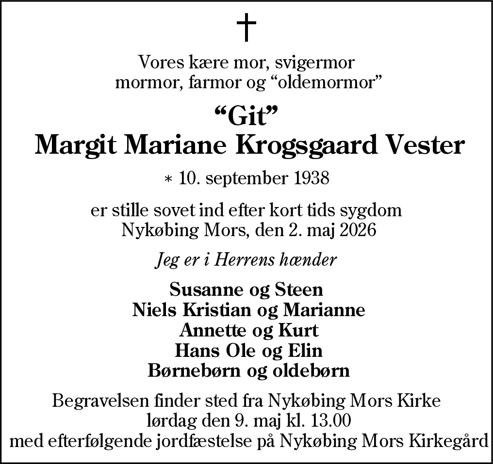 Dødsannonce for Margit Mariane Krogsgaard Vester