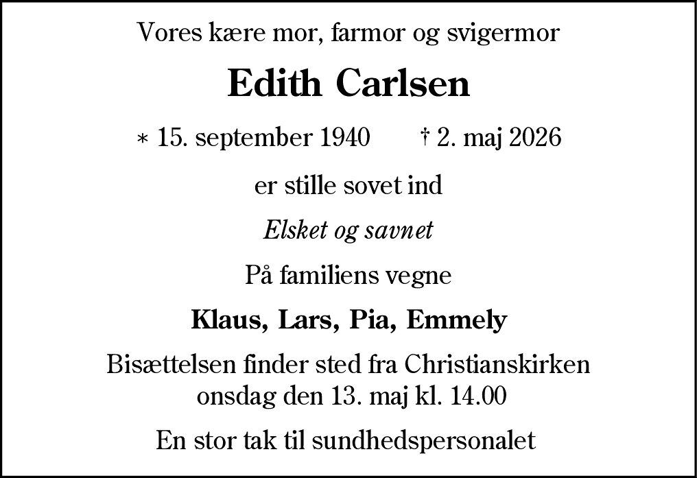 Dødsannonce for Edith Carlsen