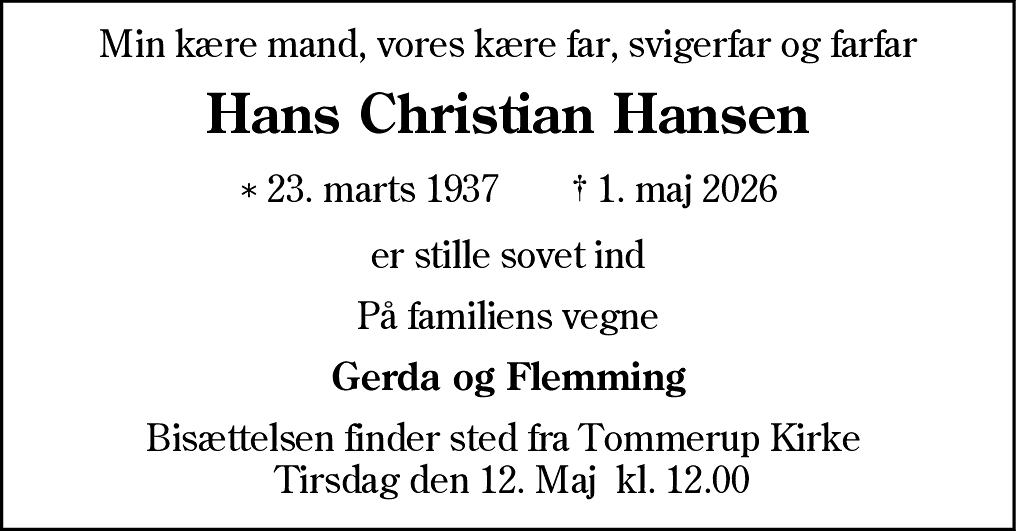 Dødsannonce for Hans Christian Hansen