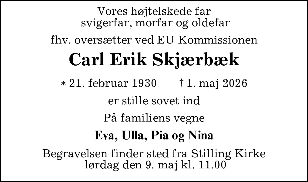 Dødsannonce for Carl Erik Skjærbæk