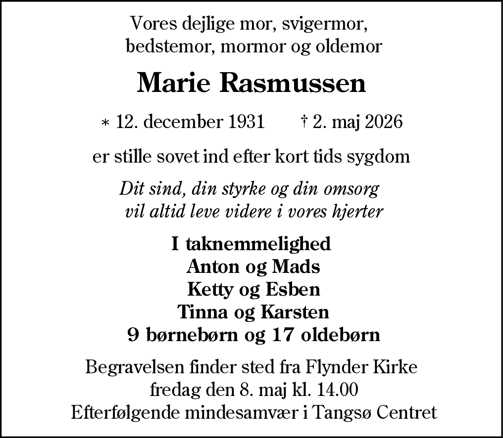 Dødsannonce for Marie Rasmussen