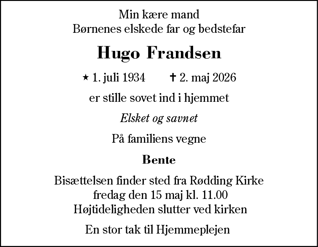 Dødsannonce for Hugo Frandsen