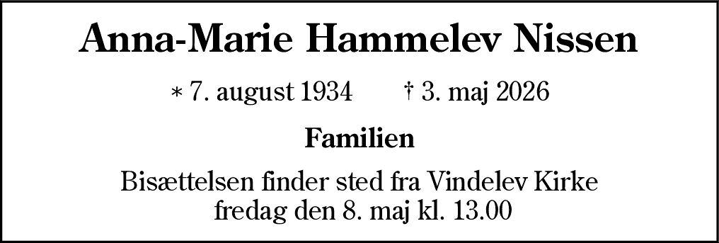 Dødsannonce for Anna Marie Hammelev Nissen