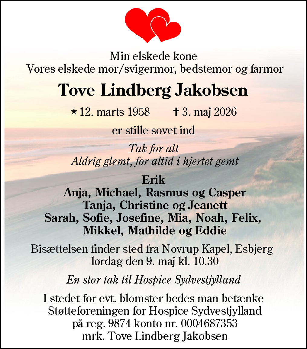Dødsannonce for Tove Lindberg Jakobsen