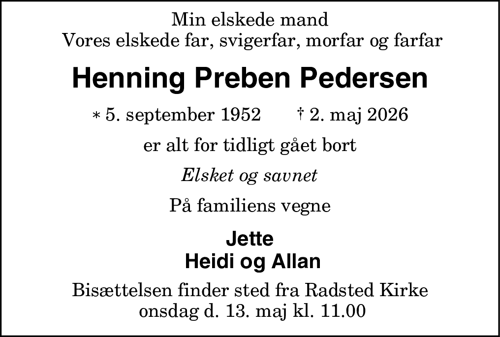 Dødsannonce for Henning Preben Pedersen