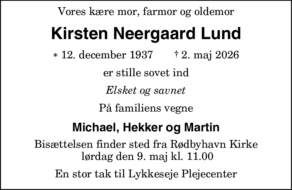 Dødsannonce for Kirsten Neergaard Lund