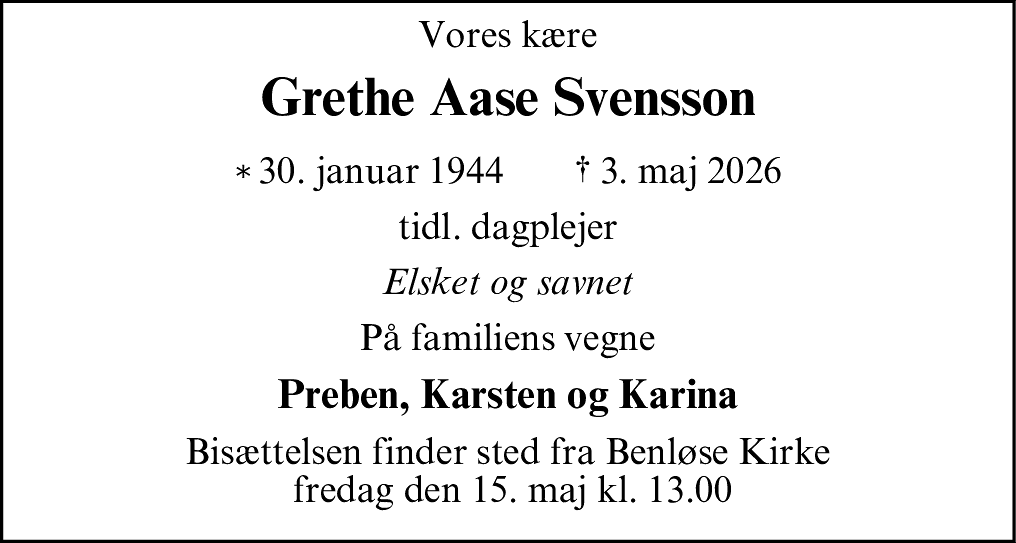 Dødsannonce for Grethe Aase Svensson