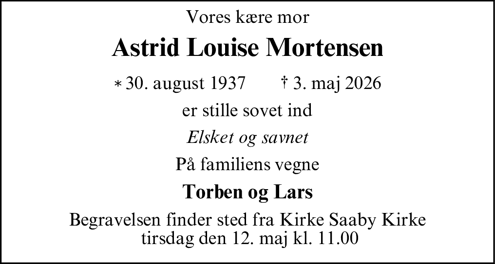 Dødsannonce for Astrid Louise Mortensen