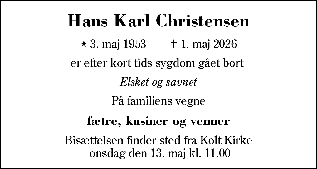 Dødsannonce for Hans Karl Christensen