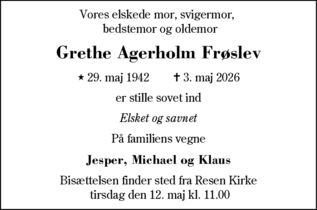 Dødsannonce for Grethe Agerholm Frøslev