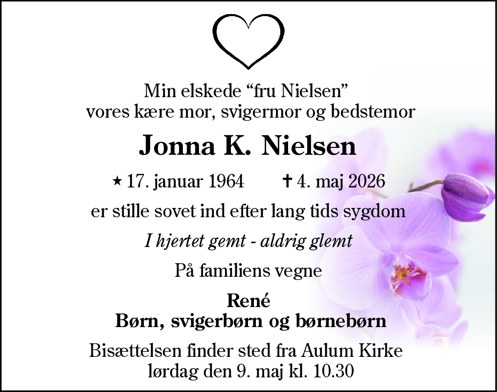 Dødsannonce for Jonna Nielsen
