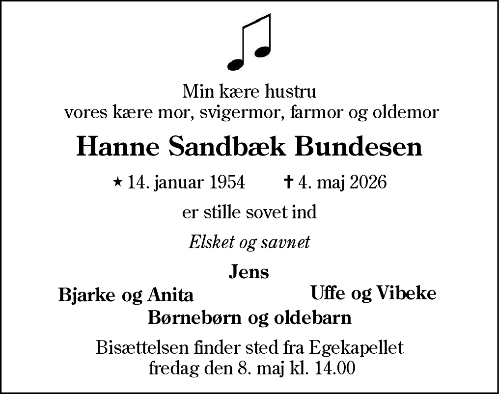 Dødsannonce for Hanne Sandbæk Bundesen