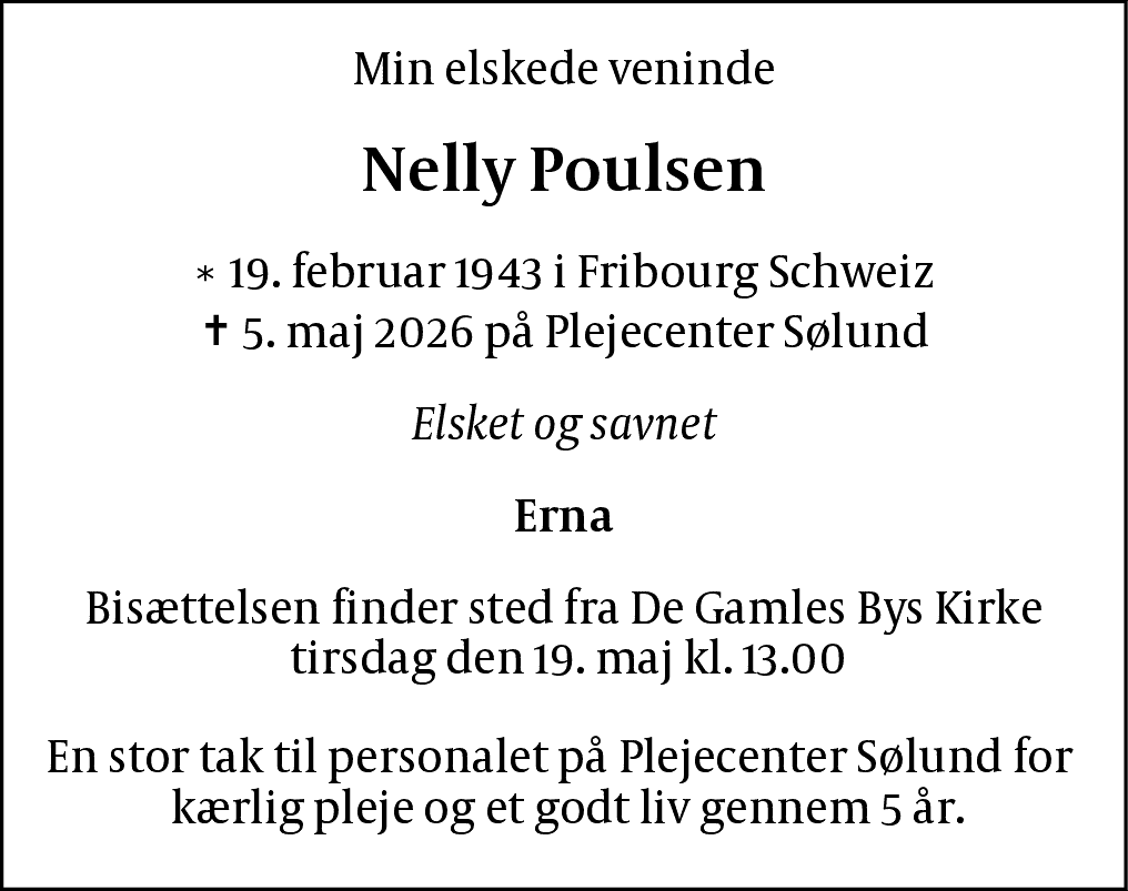 Dødsannonce for Nelly Poulsen