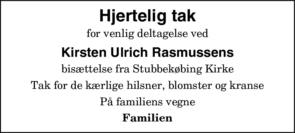 Dødsannonce for Kirsten Ulrich Rasmussen