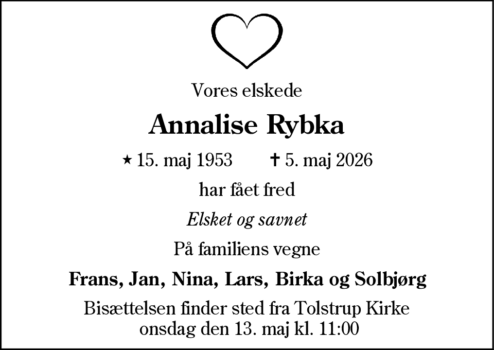 Dødsannonce for Annalise Rybka
