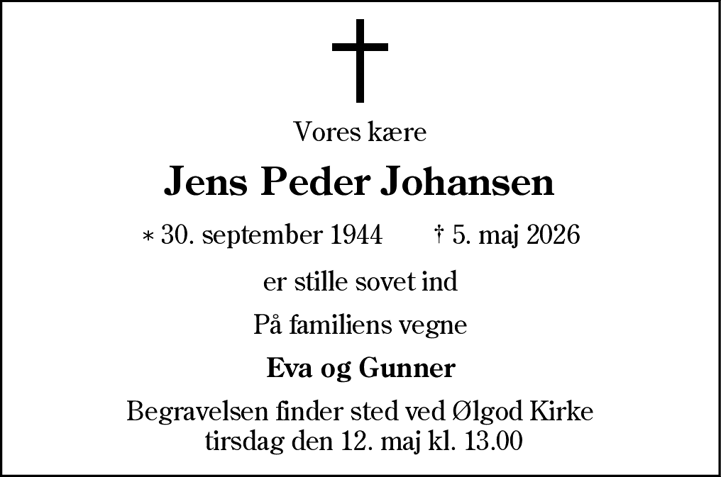Dødsannonce for Jens Peder Johansen