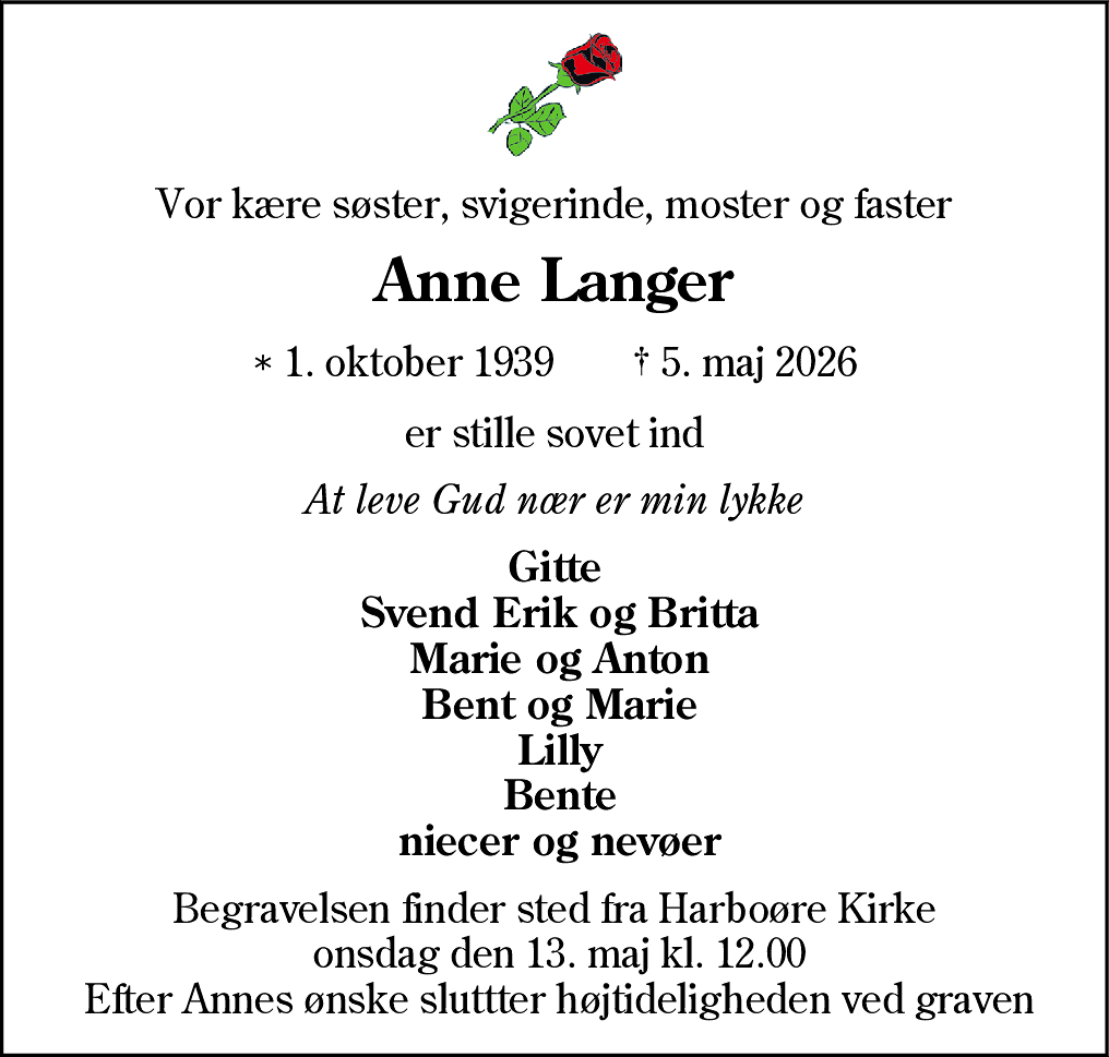Dødsannonce for Anne Langer