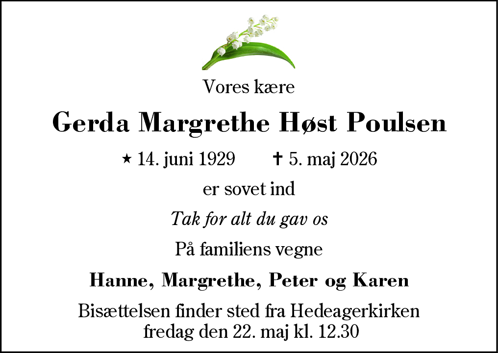 Dødsannonce for Gerda Margrethe Høst Poulsen