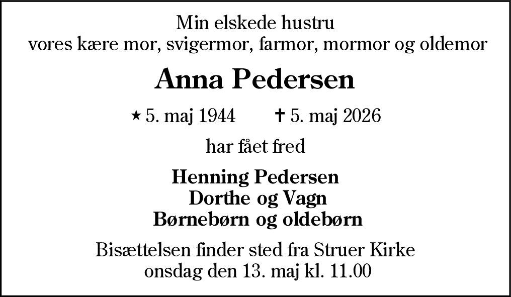 Dødsannonce for Anna Pedersen