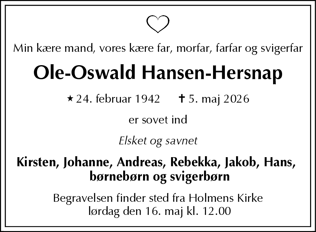 Dødsannonce for Ole-Oswald Hansen-Hersnap