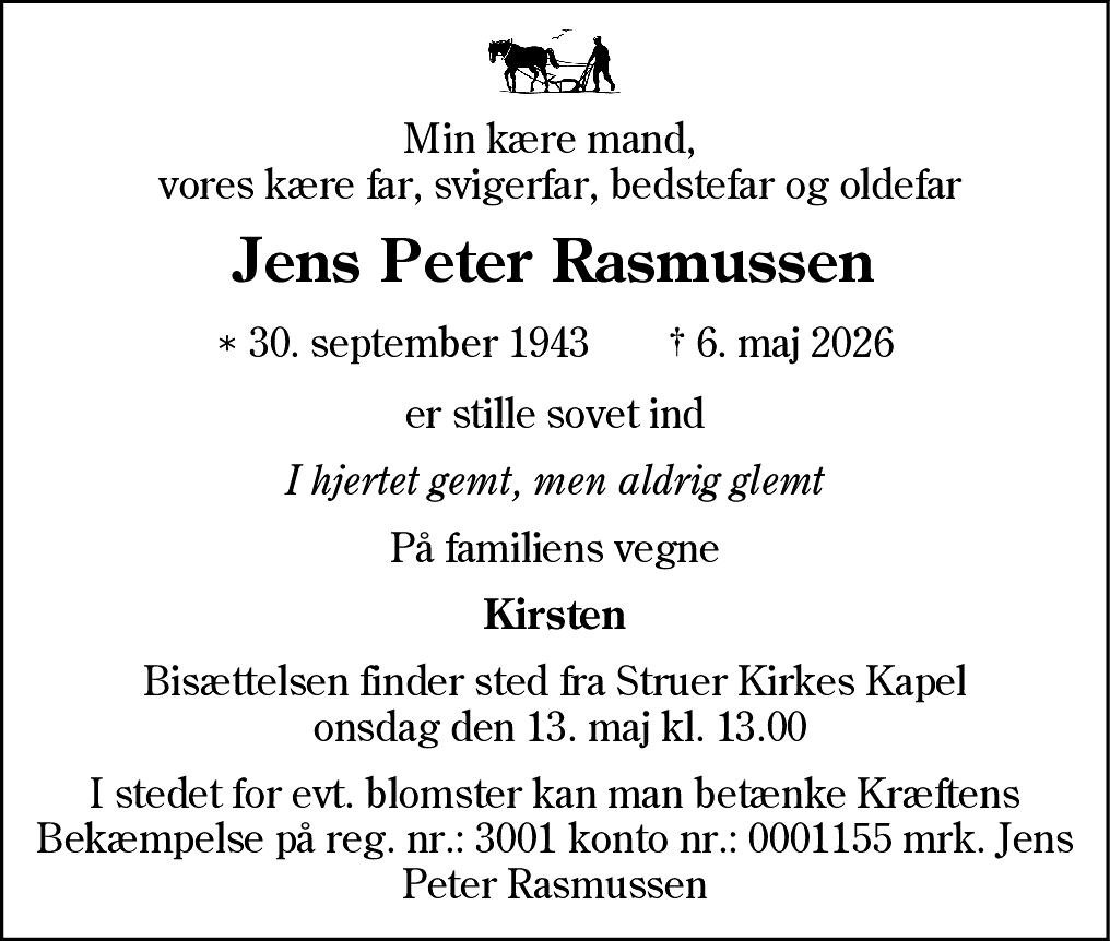 Dødsannonce for Jens Peder Rasmussen