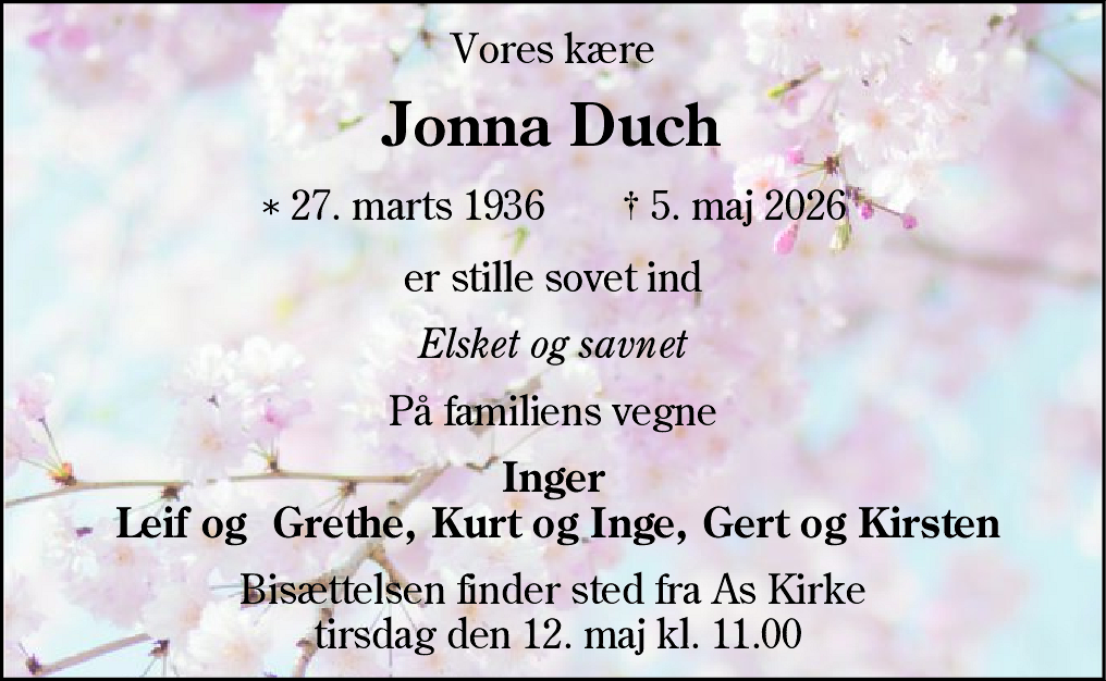 Dødsannonce for Jonna Duch