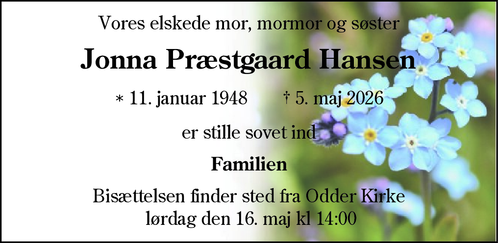 Dødsannonce for Jonna Præstgaard Hansen