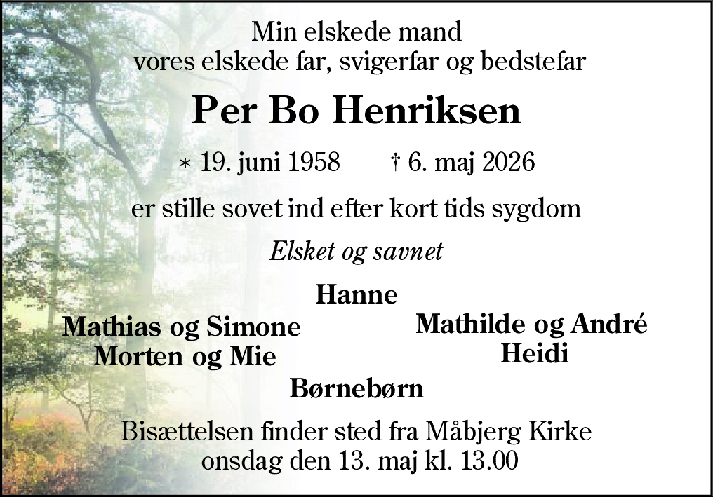 Dødsannonce for Per Bo Henriksen