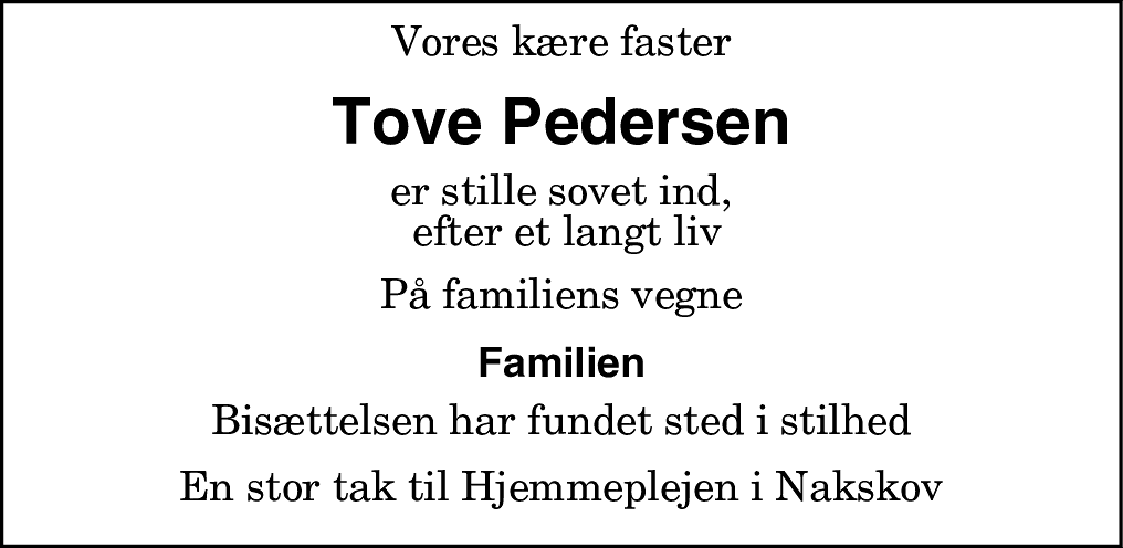 Dødsannonce for Tove Pedersen