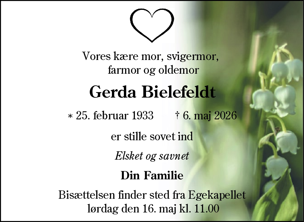 Dødsannonce for Gerda Bielefeldt