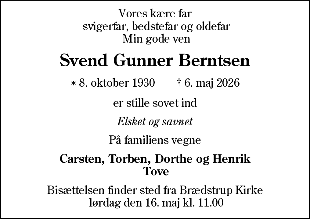 Dødsannonce for Svend Gunner Berntsen