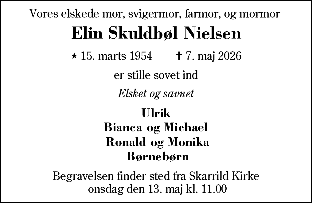 Dødsannonce for Elin Skuldbøl Nielsen