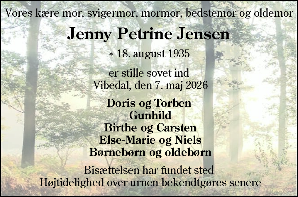 Dødsannonce for Jenny Petrine Jensen