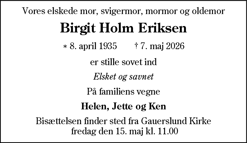 Dødsannonce for Birgit Holm Eriksen