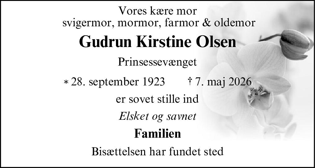 Dødsannonce for Gudrun Kirstine Olsen