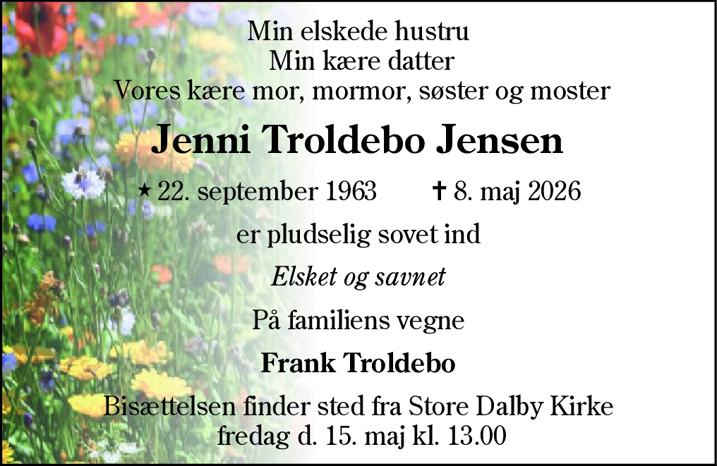 Dødsannonce for Jenni Troldebo Jensen