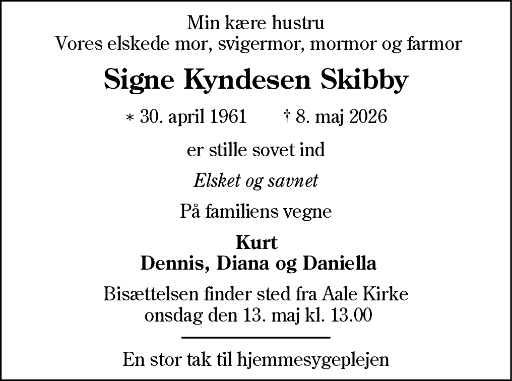 Dødsannonce for Signe Kyndesen Skibby