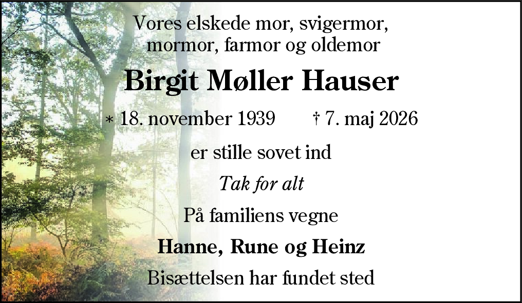 Dødsannonce for Birgit Hauser