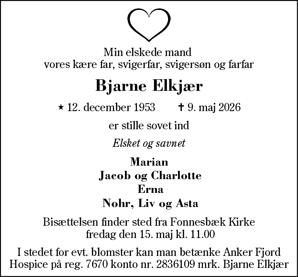 Dødsannonce for Bjarne Elkjær
