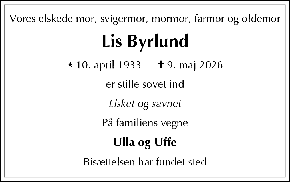 Dødsannonce for Lis Byrlund