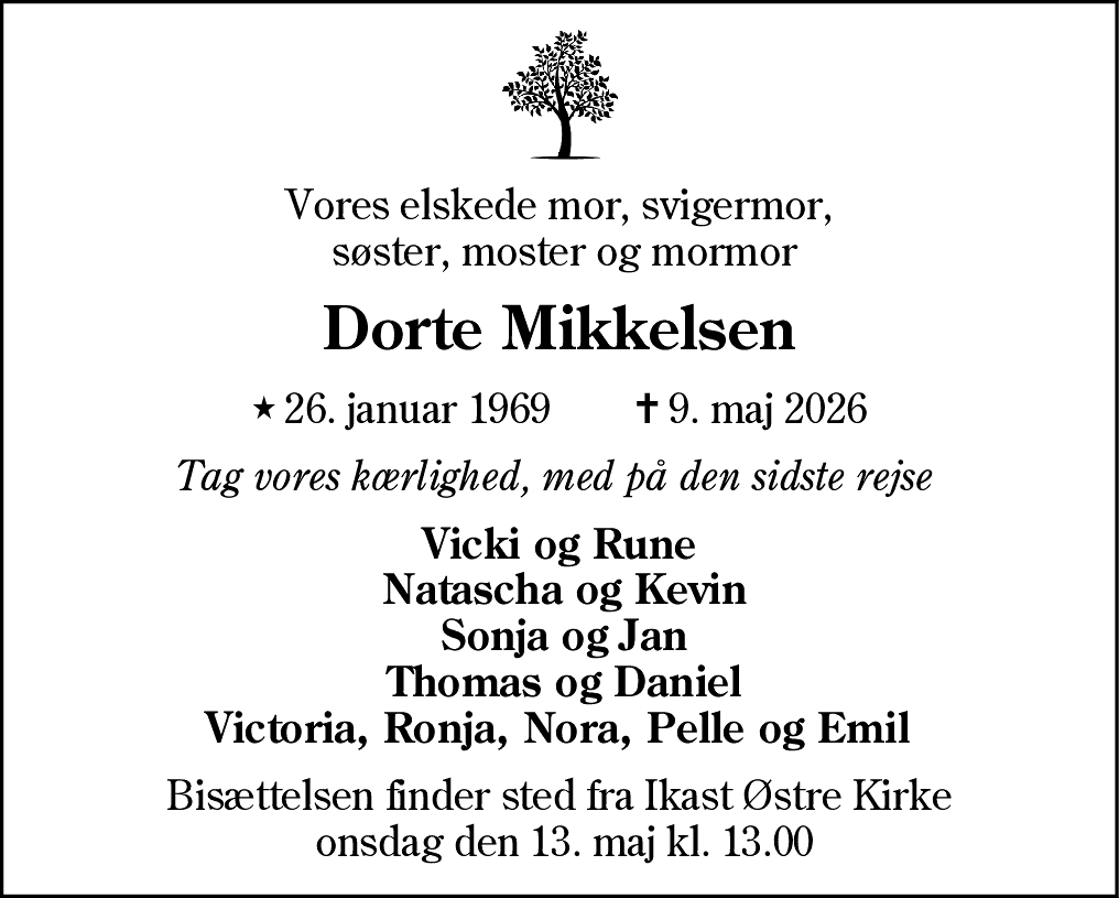 Dødsannonce for Dorte Mikkelsen