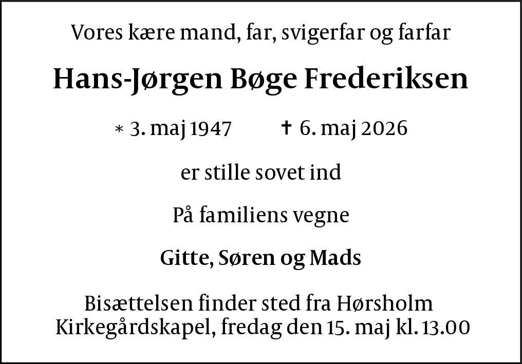 Dødsannonce for Hans-Jørgen Bøge Frederiksen