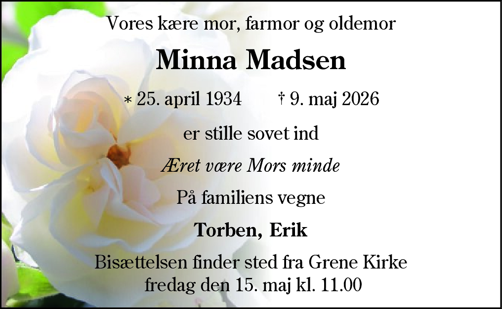 Dødsannonce for Minna Madsen