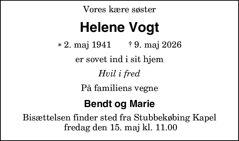 Dødsannonce for Helene Vogt